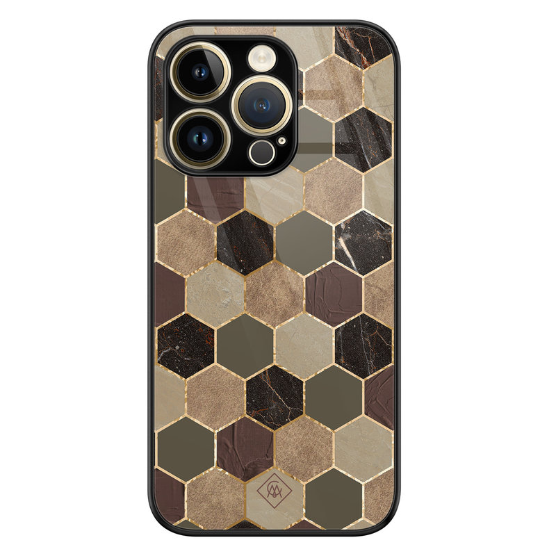 Casimoda iPhone 14 Pro Max glazen hardcase - Kubus bruin groen