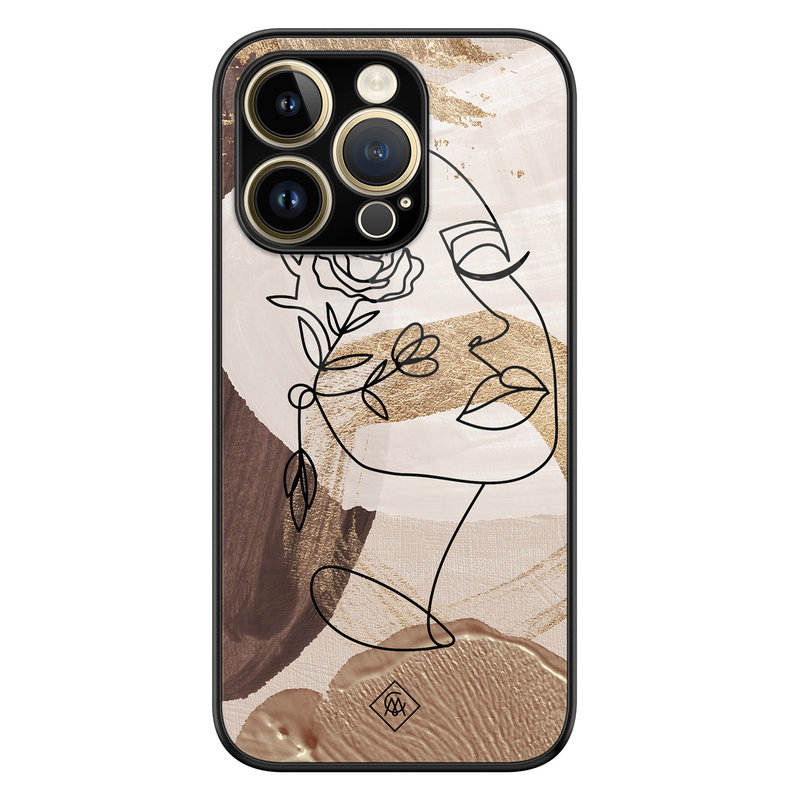 Casimoda iPhone 14 Pro Max glazen hardcase - Abstract gezicht bruin