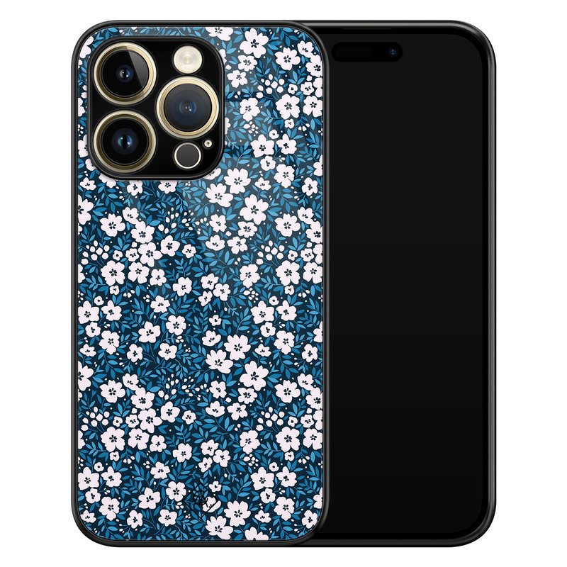 Casimoda iPhone 14 Pro Max glazen hardcase - Bloemen blauw