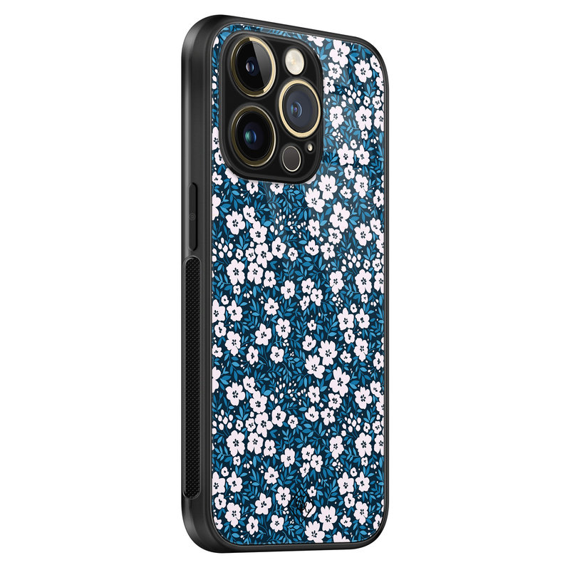 Casimoda iPhone 14 Pro Max glazen hardcase - Bloemen blauw