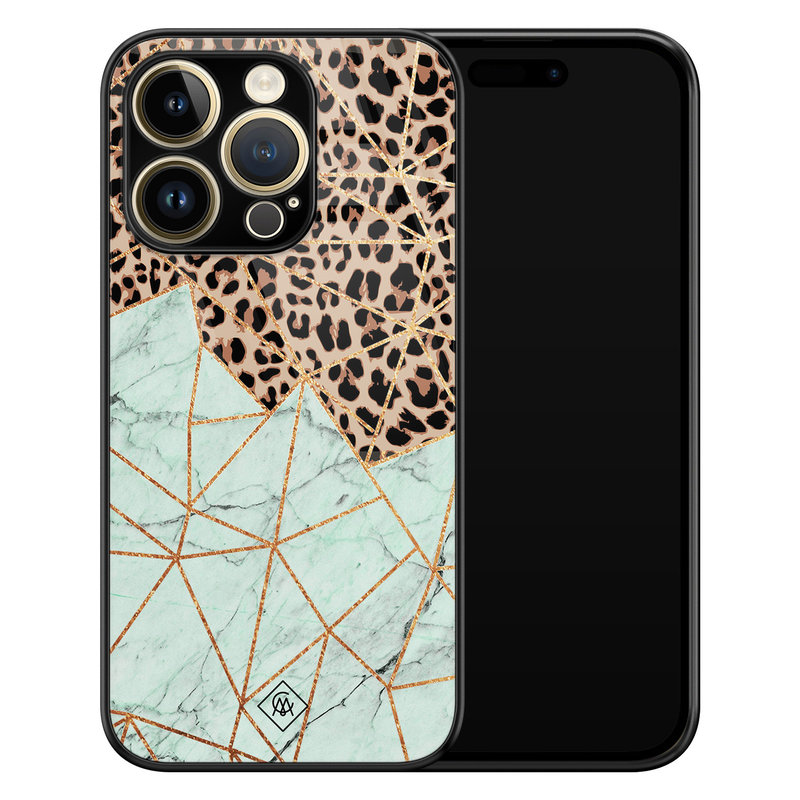 Casimoda iPhone 14 Pro Max glazen hardcase - Luipaard marmer mint