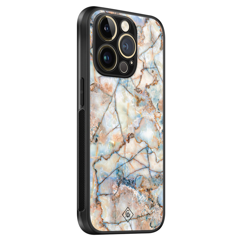 Casimoda iPhone 14 Pro Max glazen hardcase - Marmer bruin blauw