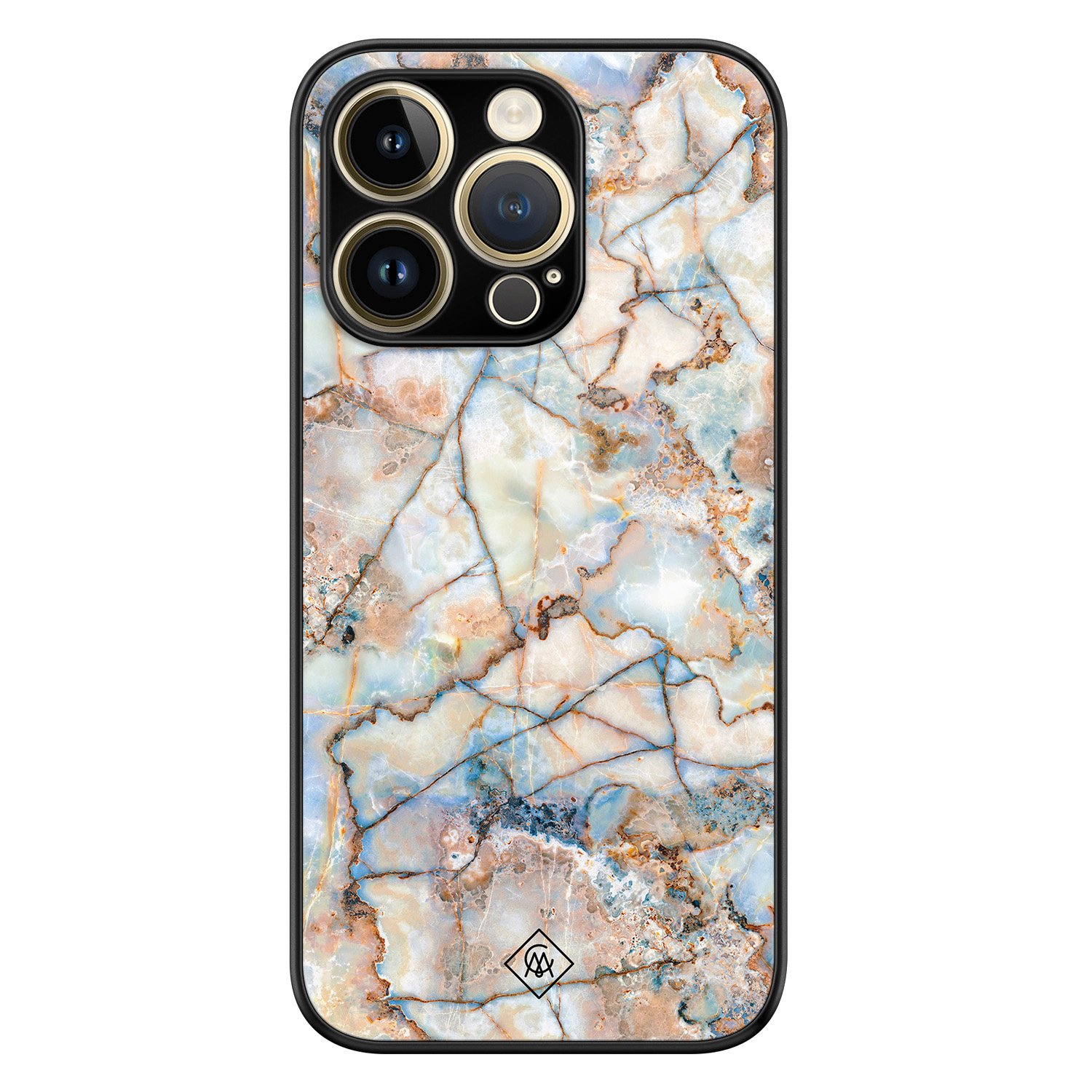 iPhone 14 Pro Max glazen hardcase - Marmer bruin blauw