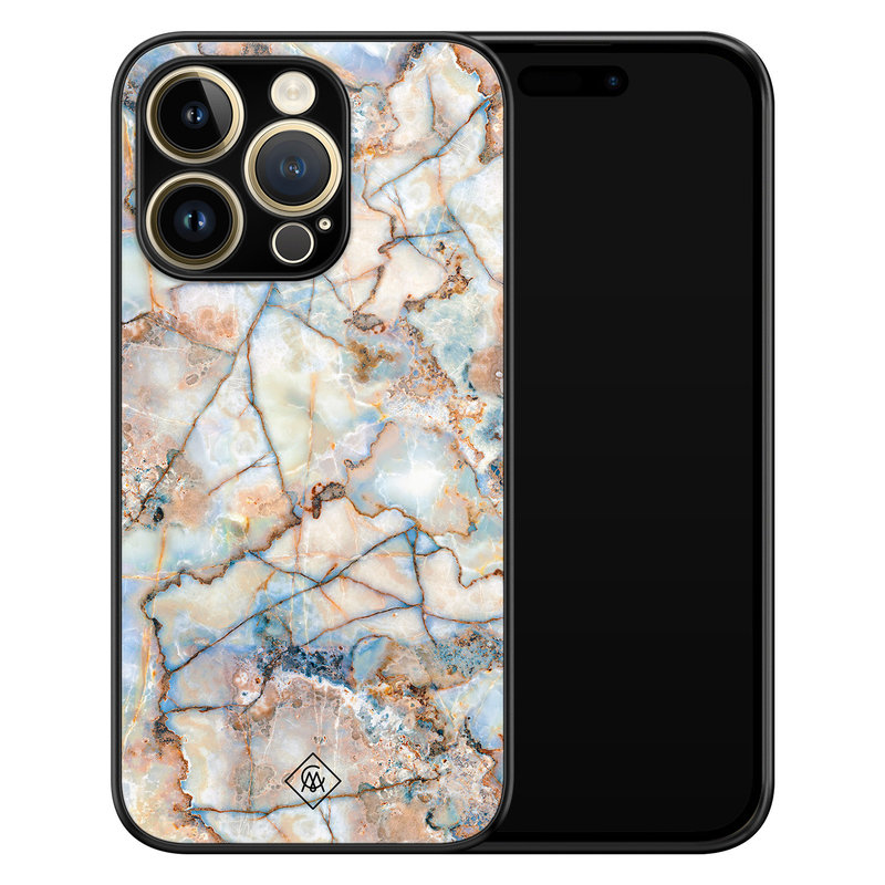 Casimoda iPhone 14 Pro Max glazen hardcase - Marmer bruin blauw