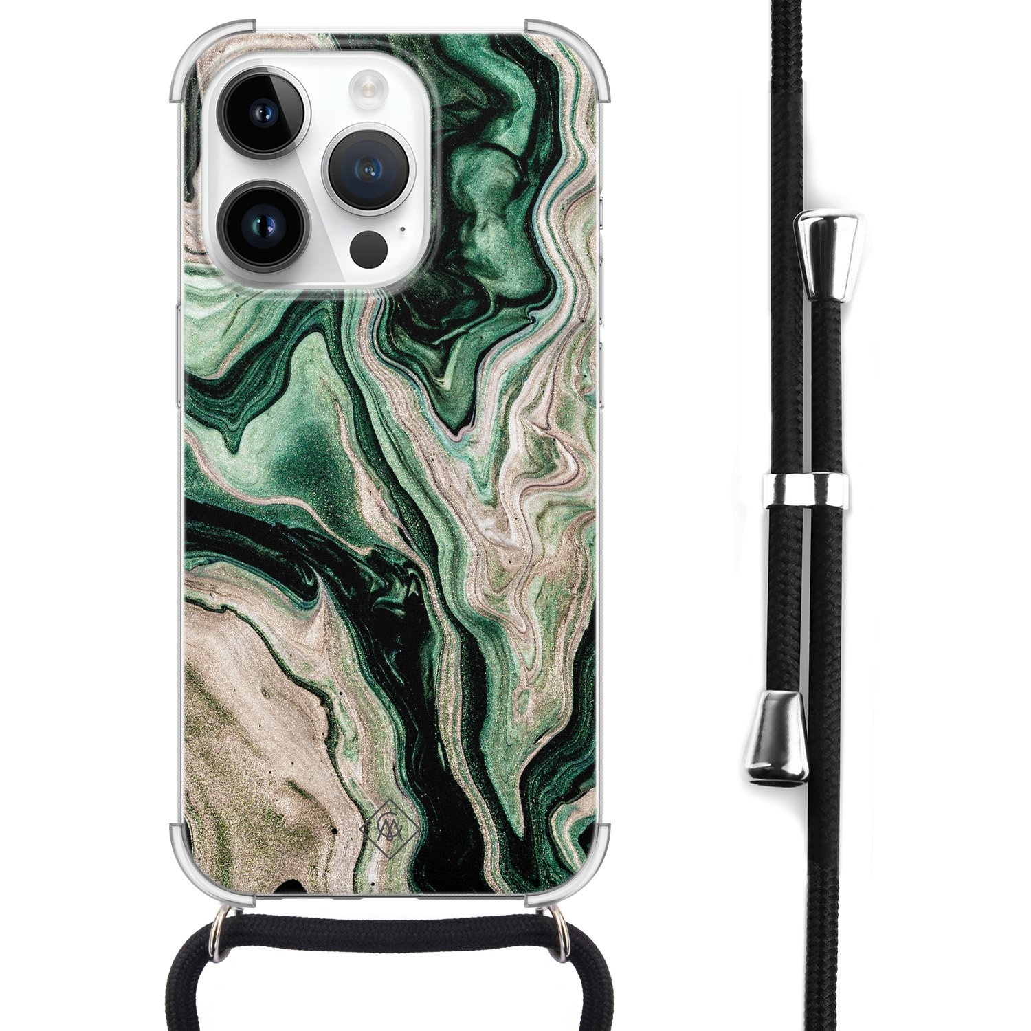 Casimoda® - iPhone 14 Pro Max hoesje met koord - Groen marmer / Marble - Afneembaar koord - Siliconen/TPU - Groen