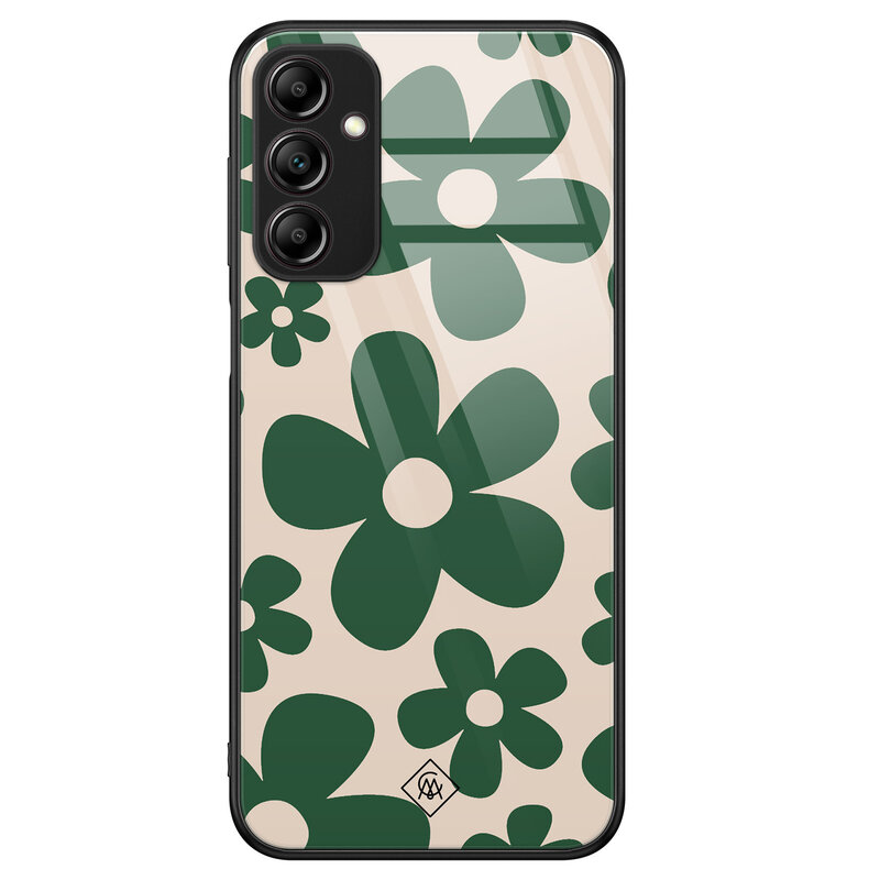 Casimoda Samsung Galaxy A14 glazen hardcase - Retro flowers groen