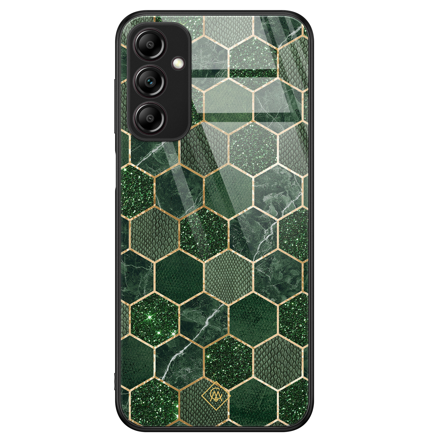 Samsung Galaxy A14 hoesje glas - Kubus groen - Groen - Hard Case Zwart - Backcover telefoonhoesje - Geometrisch patroon - Casimoda