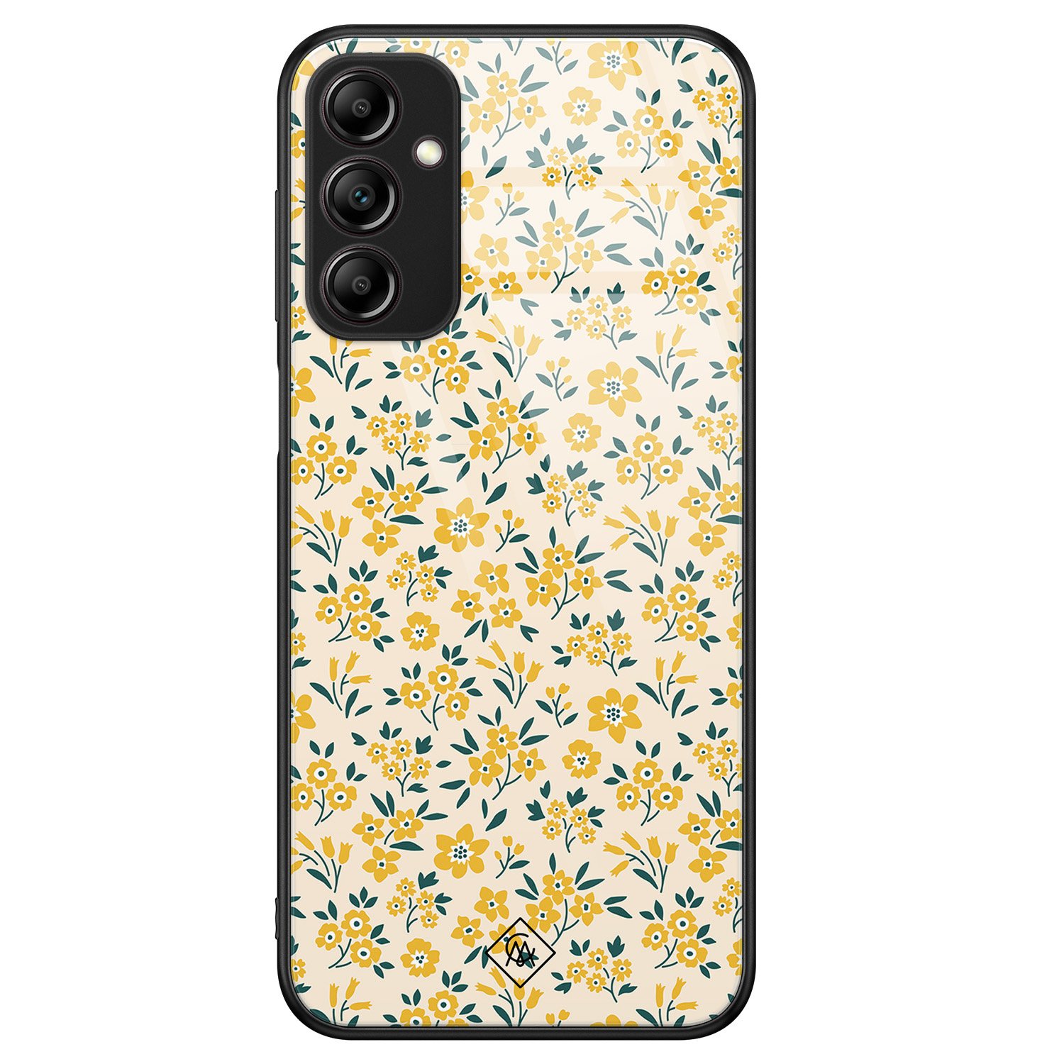 Samsung Galaxy A14 hoesje glas - Yellow garden - Geel - Hard Case Zwart - Backcover telefoonhoesje - Bloemen - Casimoda