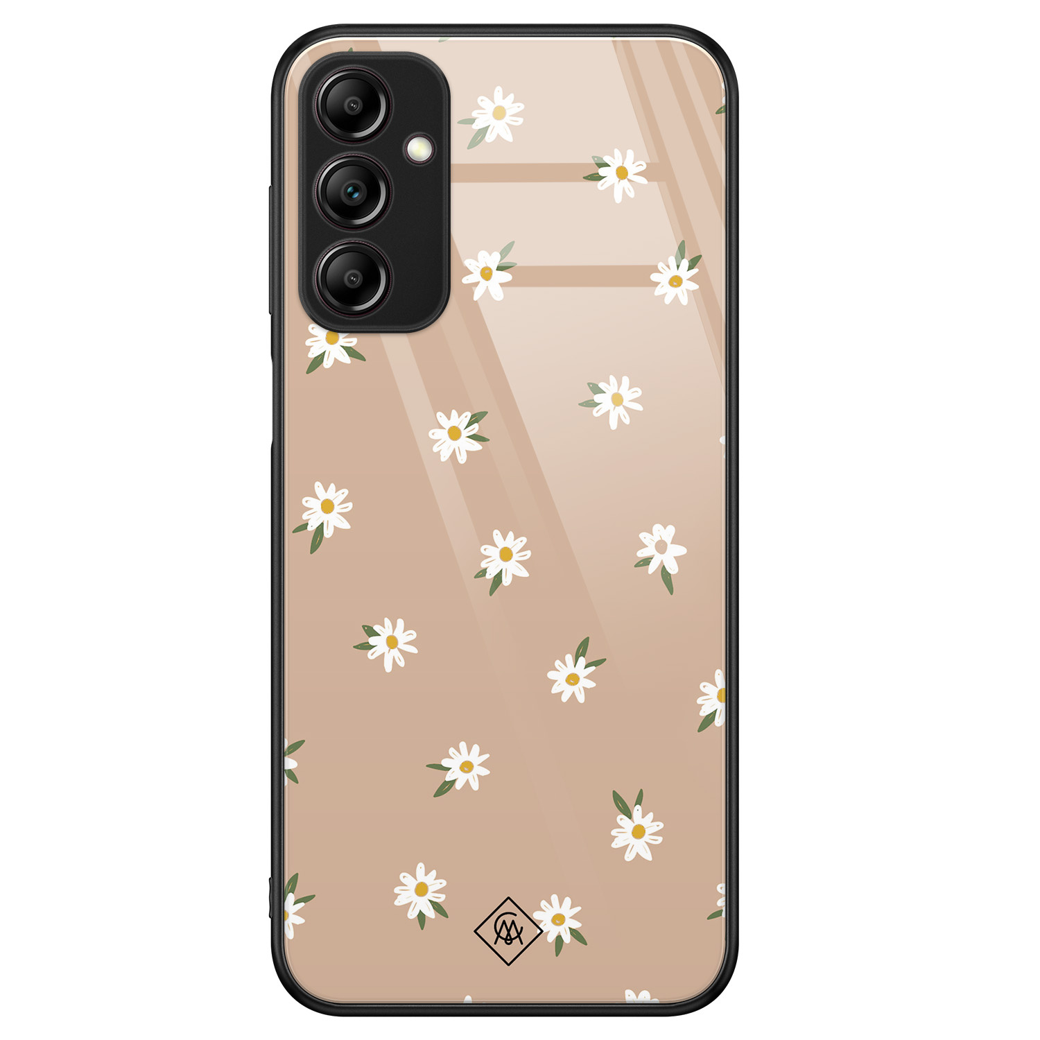 Samsung Galaxy A14 hoesje glas - Sweet daisies - Bruin/beige - Hard Case Zwart - Backcover telefoonhoesje - Planten - Casimoda