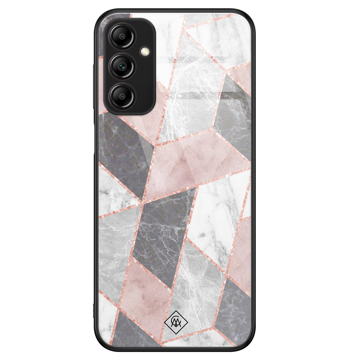 Samsung Galaxy A14 hoesje glas - Stone grid marmer / Abstract marble - Roze - Hard Case Zwart - Backcover telefoonhoesje - Geometrisch patroon - Casimoda