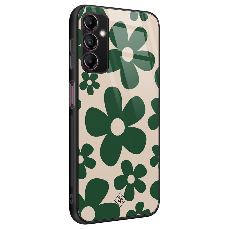 Casimoda Samsung Galaxy A14 glazen hardcase - Retro flowers groen