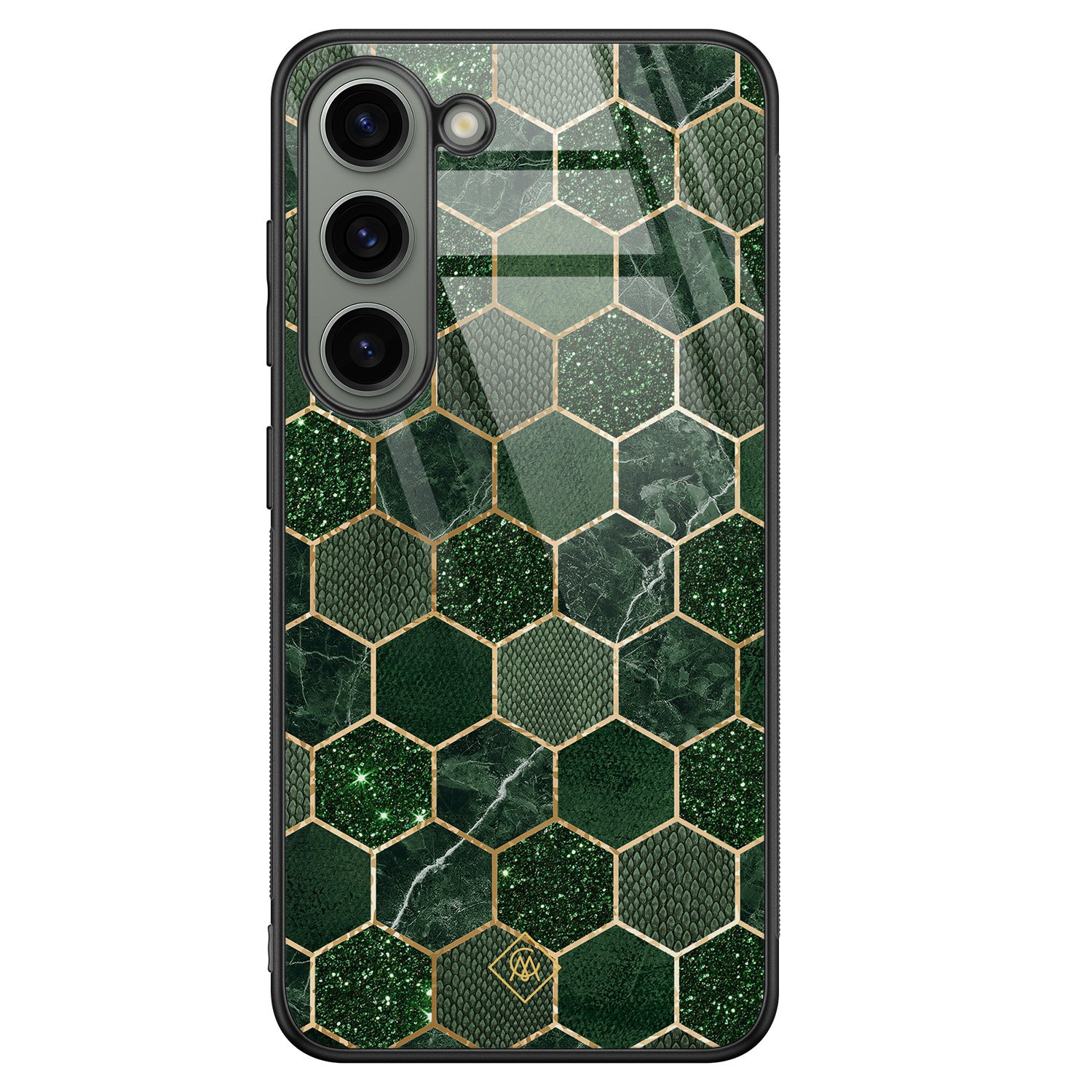 Samsung Galaxy S23 hoesje glas - Kubus groen - Groen - Hard Case Zwart - Backcover telefoonhoesje - Geometrisch patroon - Casimoda