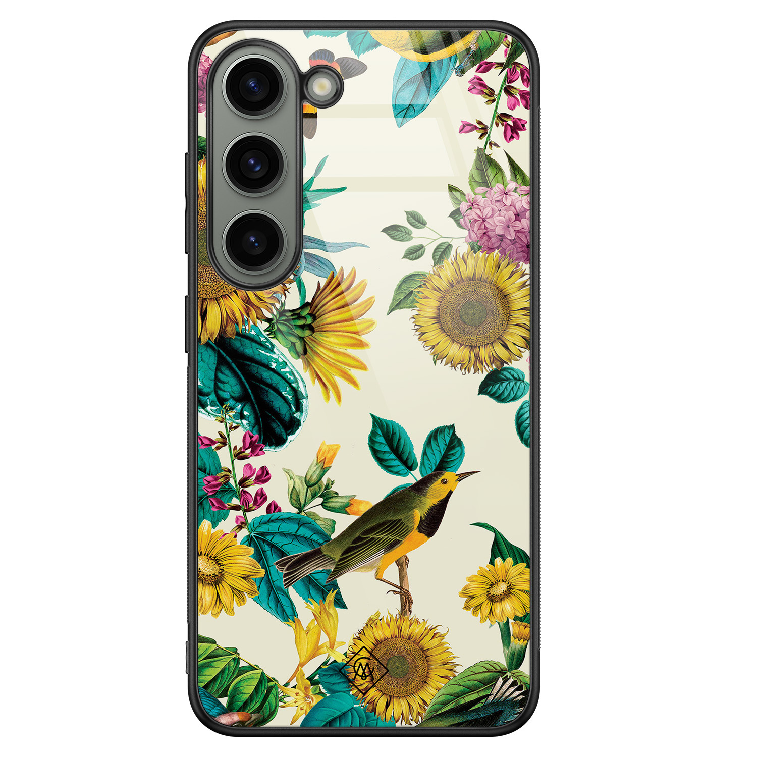 Samsung Galaxy S23 hoesje glas - Zonnebloemen / Bloemen - Geel - Hard Case Zwart - Backcover telefoonhoesje - Bloemen - Casimoda