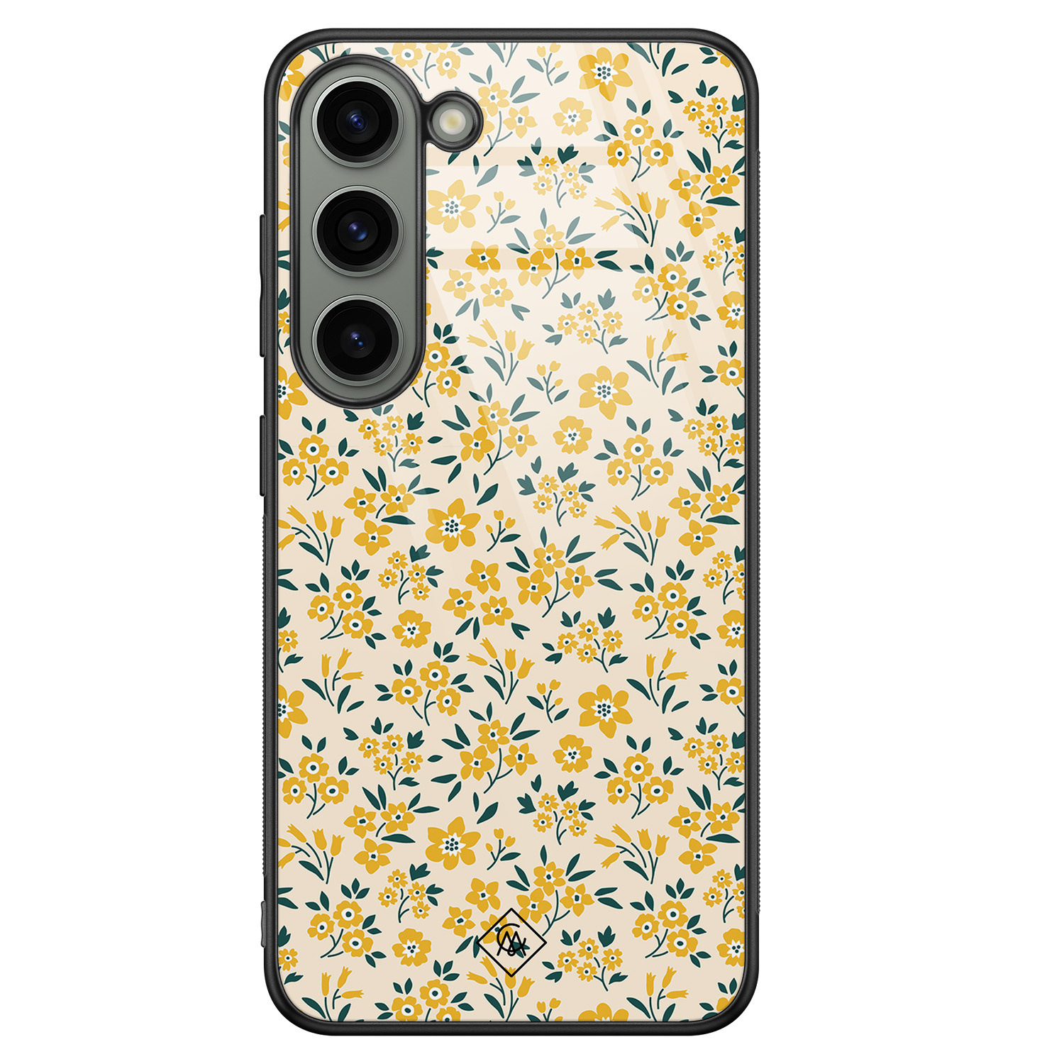 Samsung Galaxy S23 hoesje glas - Yellow garden - Geel - Hard Case Zwart - Backcover telefoonhoesje - Bloemen - Casimoda