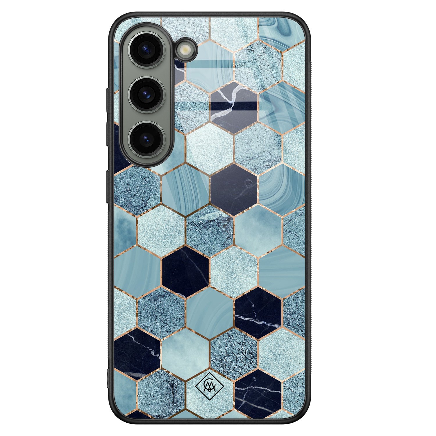 Samsung Galaxy S23 hoesje glas - Blue cubes - Blauw - Hard Case Zwart - Backcover telefoonhoesje - Marmer - Casimoda