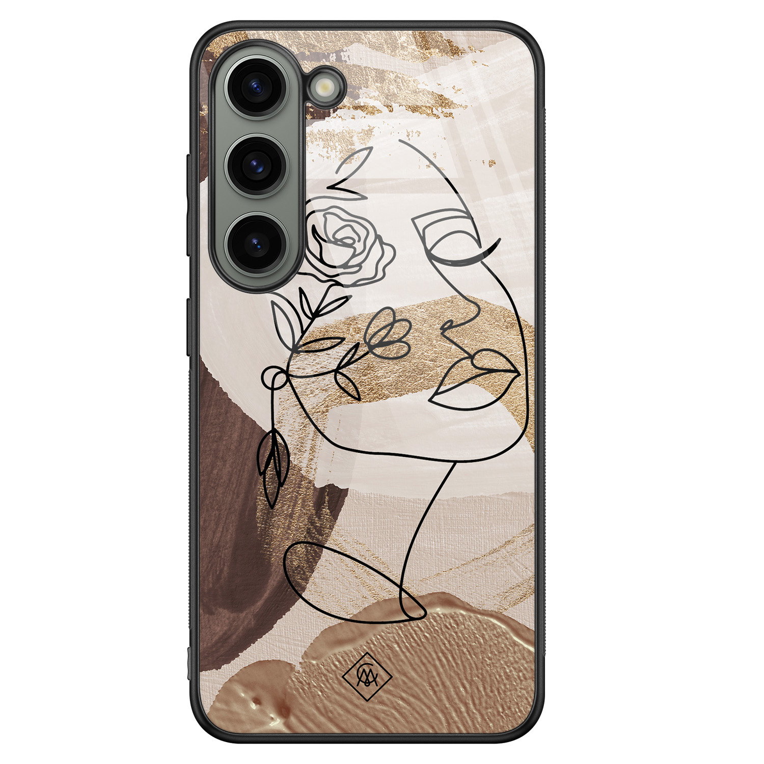 Samsung Galaxy S23 hoesje glas - Abstract gezicht bruin - Bruin/beige - Hard Case Zwart - Backcover telefoonhoesje - Geometrisch patroon - Casimoda