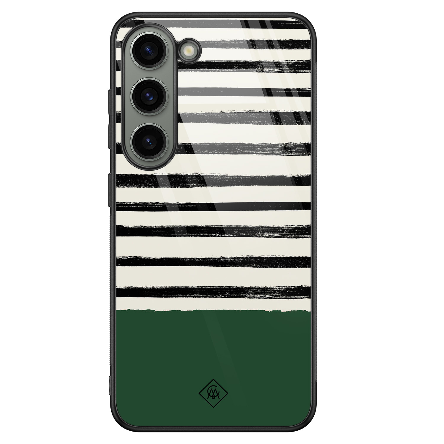 Samsung Galaxy S23 hoesje glas - Green stripes - Groen - Hard Case Zwart - Backcover telefoonhoesje - Gestreept - Casimoda