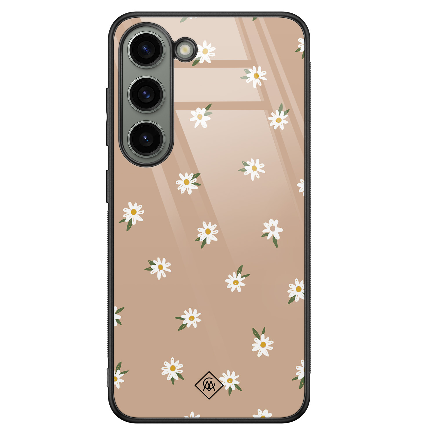 Samsung Galaxy S23 hoesje glas - Sweet daisies - Bruin/beige - Hard Case Zwart - Backcover telefoonhoesje - Planten - Casimoda