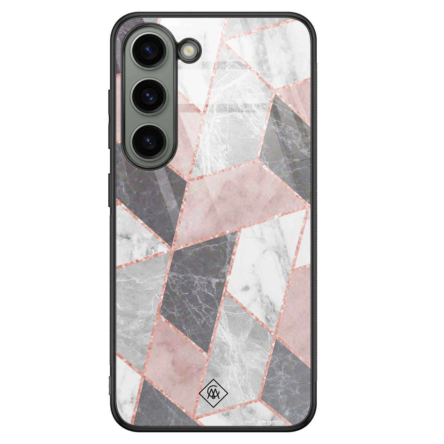 Samsung Galaxy S23 hoesje glas - Stone grid marmer / Abstract marble - Roze - Hard Case Zwart - Backcover telefoonhoesje - Geometrisch patroon - Casimoda
