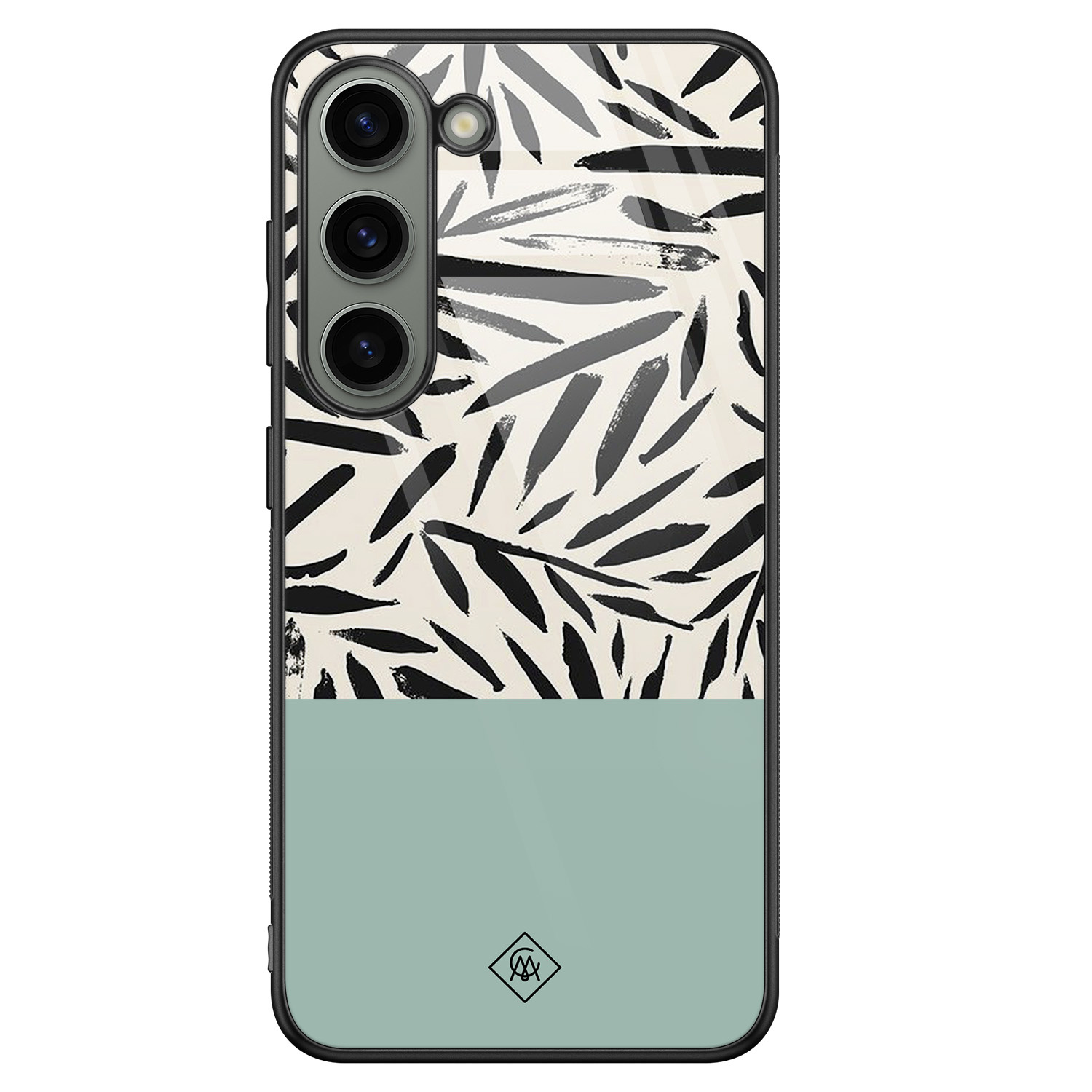 Samsung Galaxy S23 hoesje glas - Abstract mint palms - Mint - Hard Case Zwart - Backcover telefoonhoesje - Planten - Casimoda