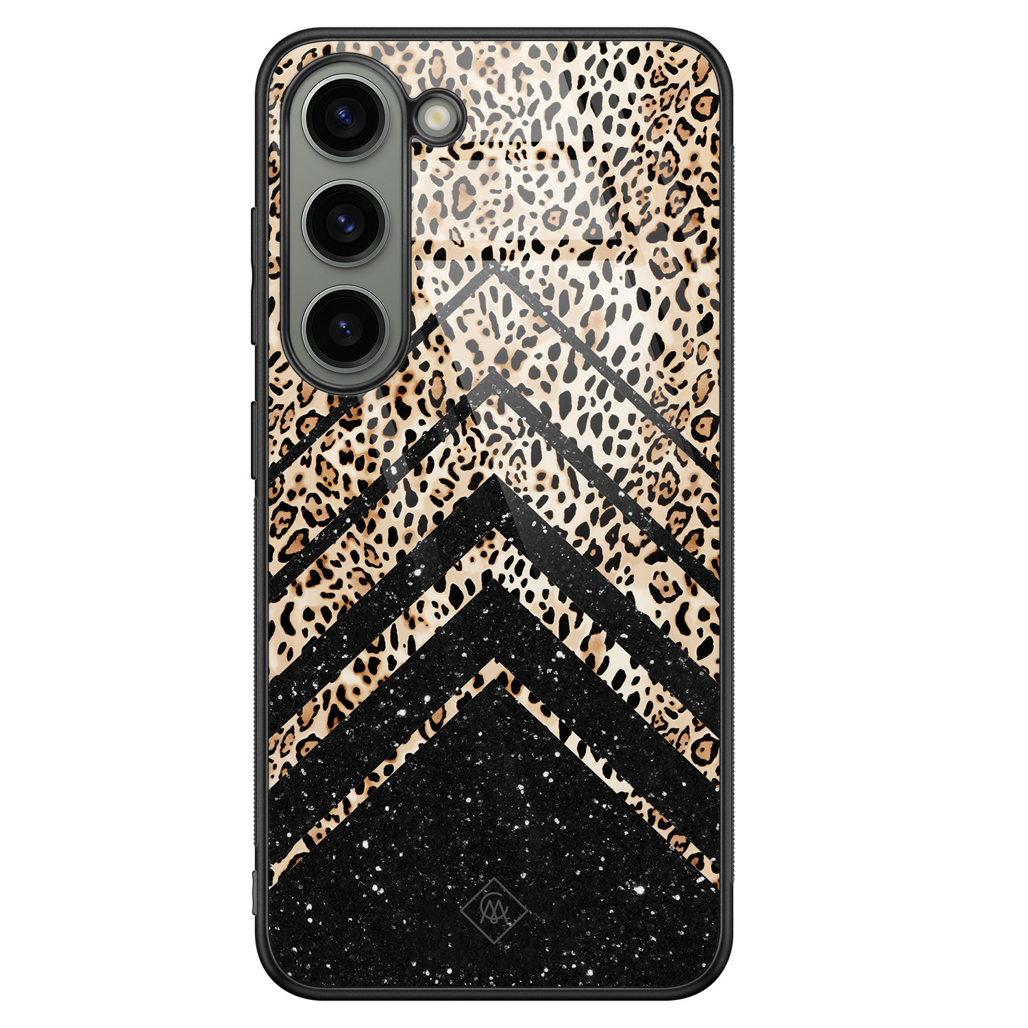 Samsung Galaxy S23 hoesje glas - Chevron luipaard - Bruin/beige - Hard Case Zwart - Backcover telefoonhoesje - Luipaardprint - Casimoda