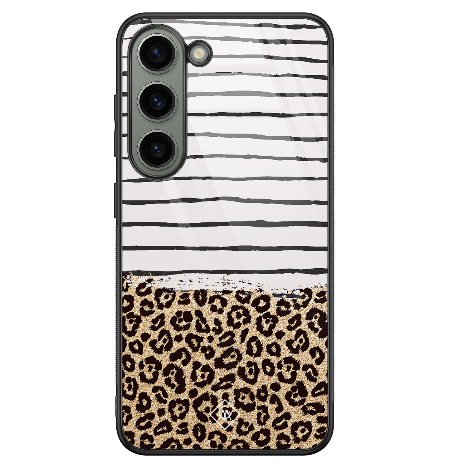 Samsung Galaxy S23 hoesje glas - Luipaard strepen - Bruin/beige - Hard Case Zwart - Backcover telefoonhoesje - Luipaardprint - Casimoda