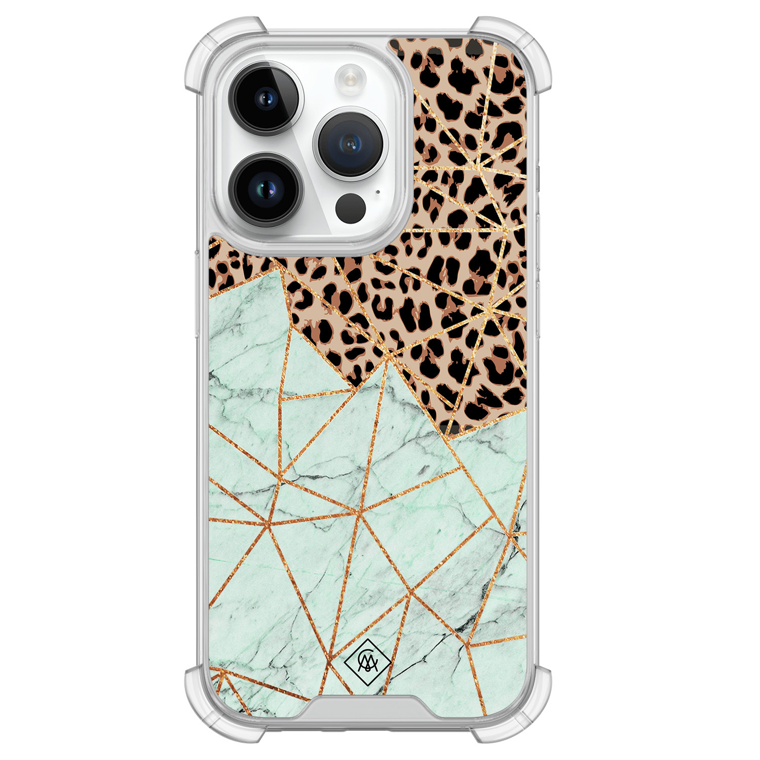 iPhone 14 Pro siliconen shockproof hoesje Luipaard marmer mint