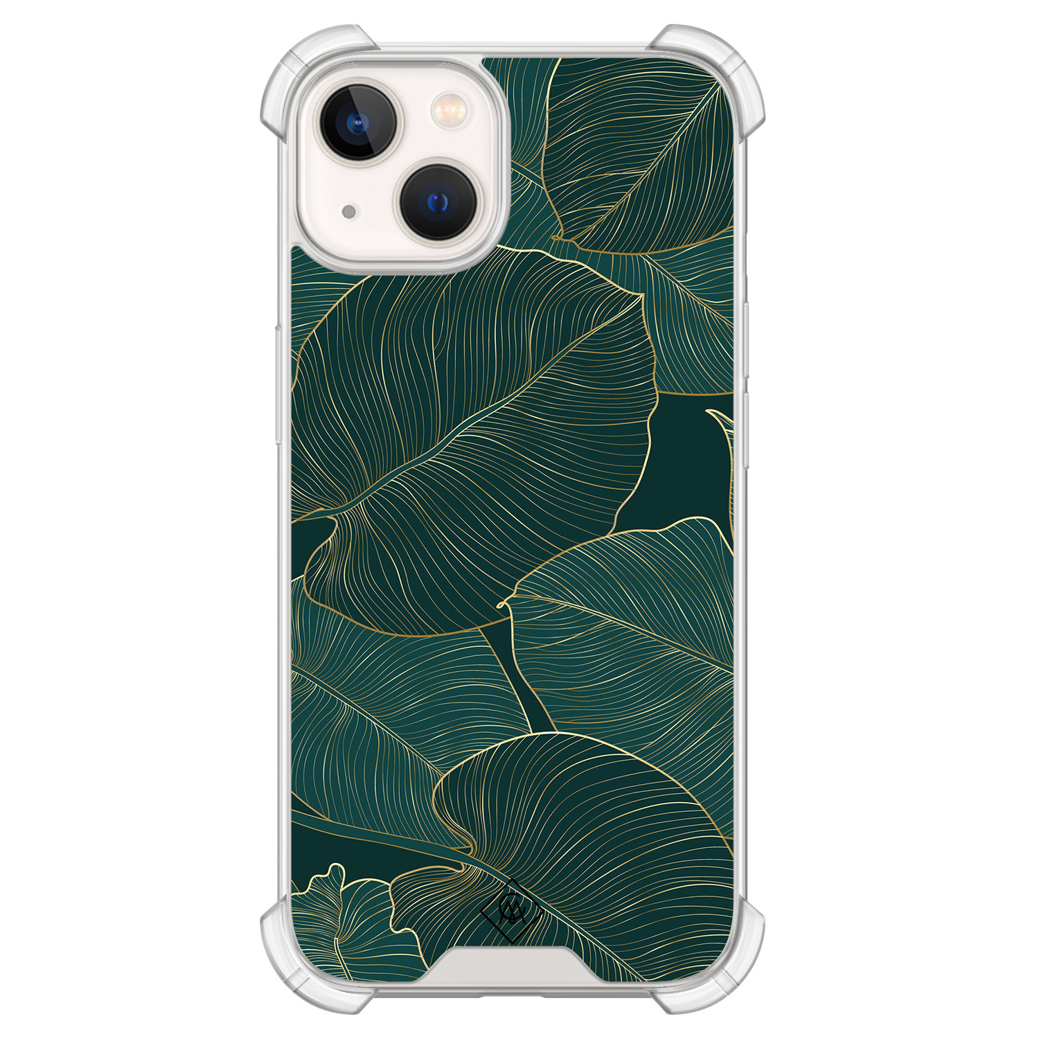 iPhone 13 siliconen shockproof hoesje - Palmbladeren groen goud