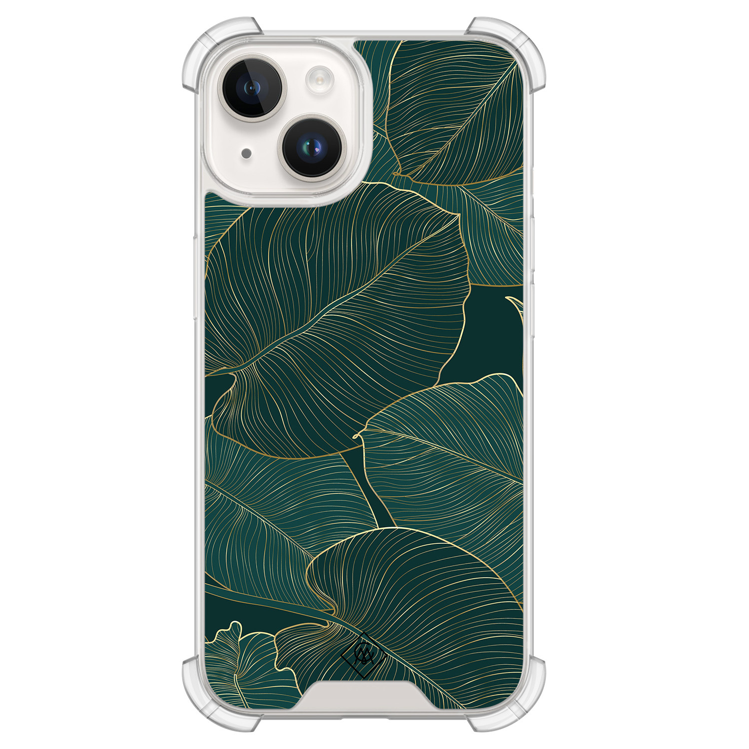 iPhone 14 siliconen shockproof hoesje - Palmbladeren groen goud