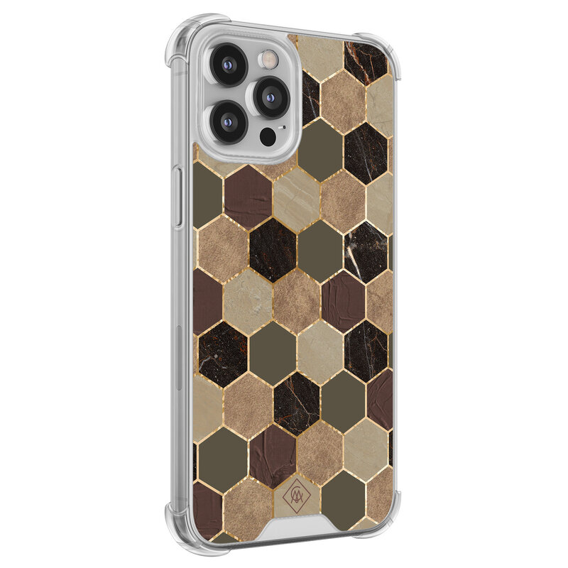 Casimoda iPhone 12 (Pro) siliconen shockproof hoesje - Kubus groen bruin