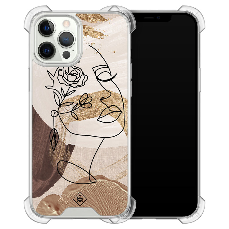 Casimoda iPhone 12 (Pro) siliconen shockproof hoesje - Abstract gezicht bruin