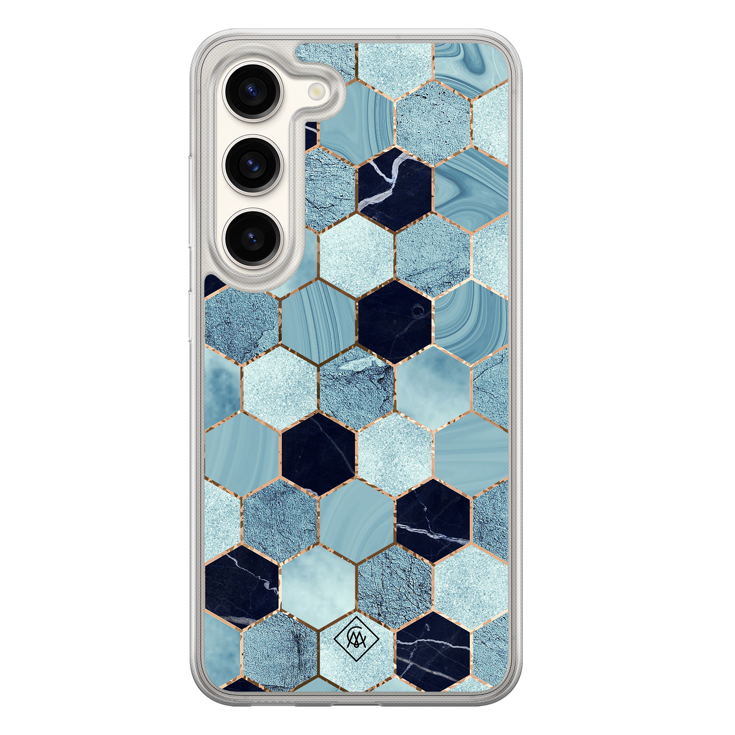 Samsung Galaxy S23 hybride hoesje - Blue cubes - Blauw - Hard Case TPU Zwart - Marmer - Casimoda