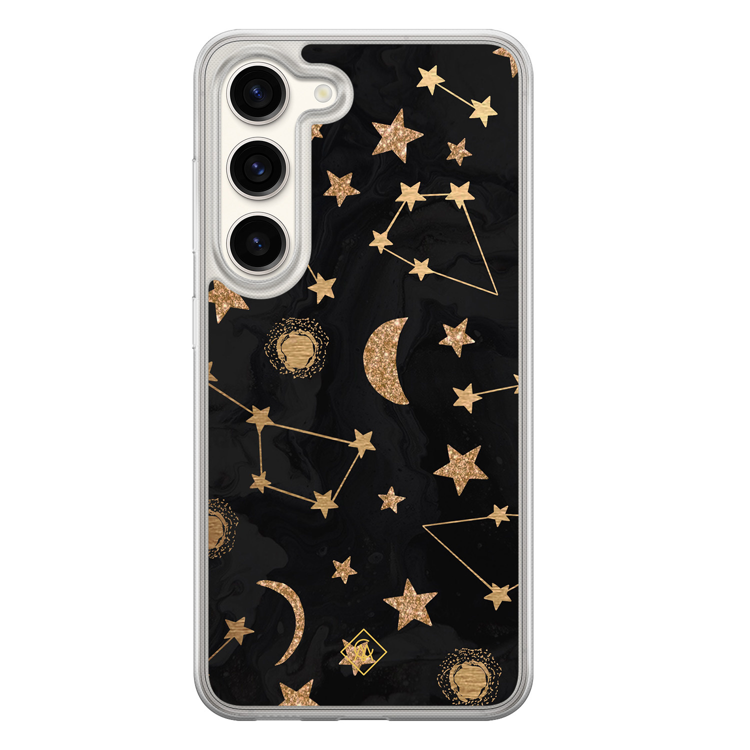 Samsung Galaxy S23 hybride hoesje - Counting the stars - Goudkleurig - Hard Case TPU Zwart - Sterren - Casimoda