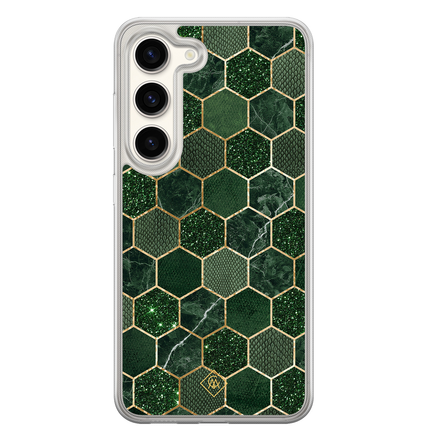 Samsung Galaxy S23 hybride hoesje - Kubus groen - Groen - Hard Case TPU Zwart - Geometrisch patroon - Casimoda