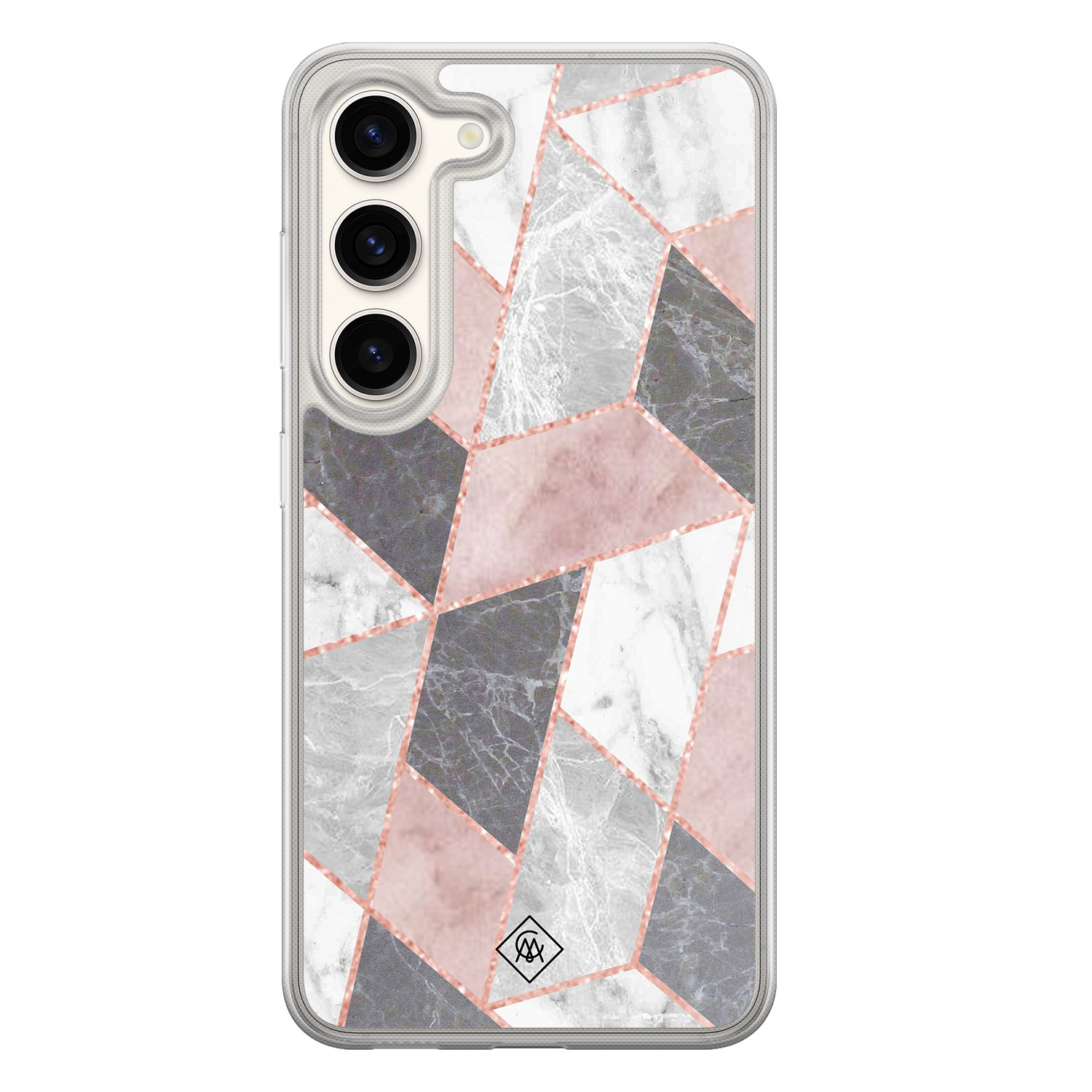 Samsung Galaxy S23 hybride hoesje - Stone grid marmer / Abstract marble - Roze - Hard Case TPU Zwart - Geometrisch patroon - Casimoda