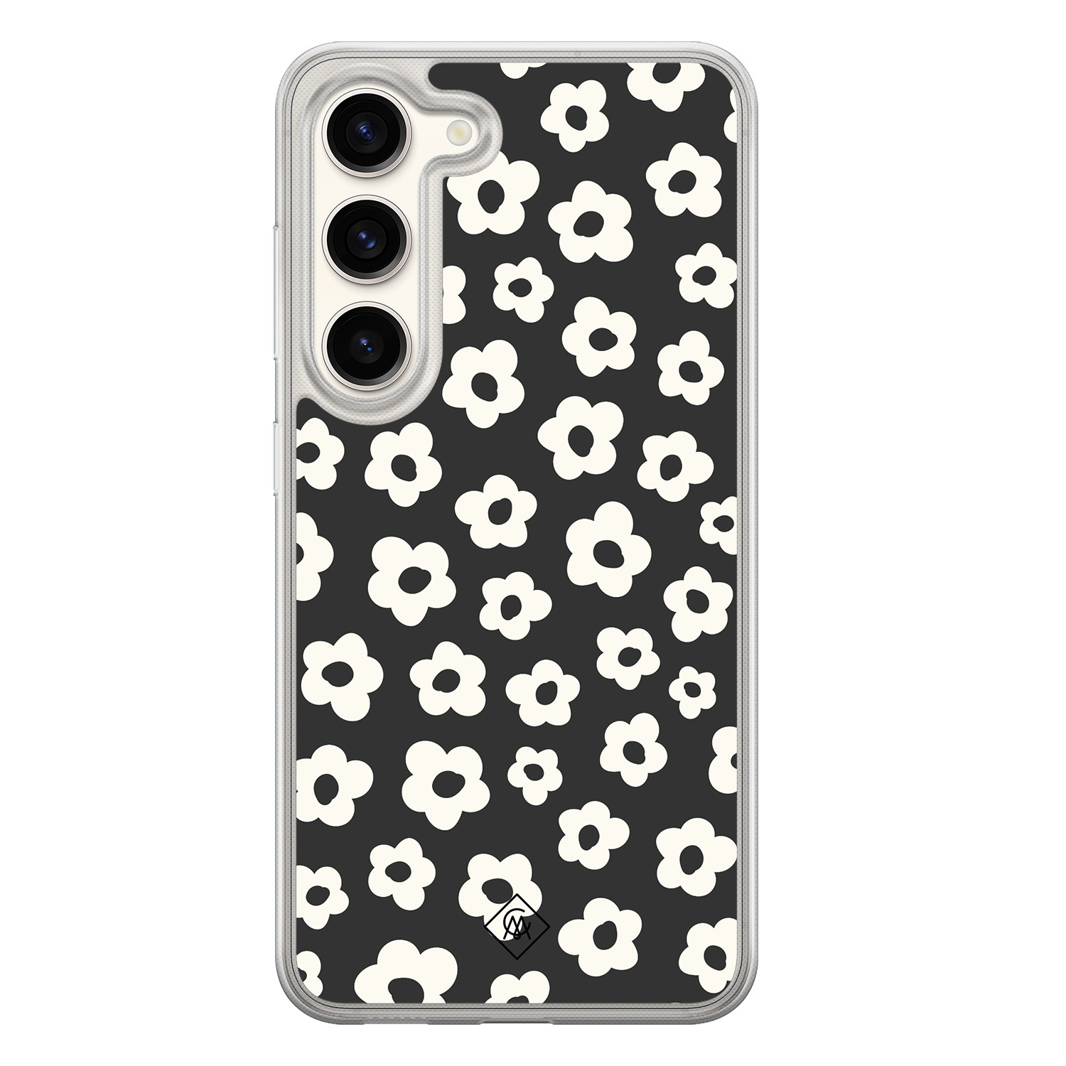 Samsung Galaxy S23 hybride hoesje - Retro bloempjes - Zwart - Hard Case TPU Zwart - Planten - Casimoda