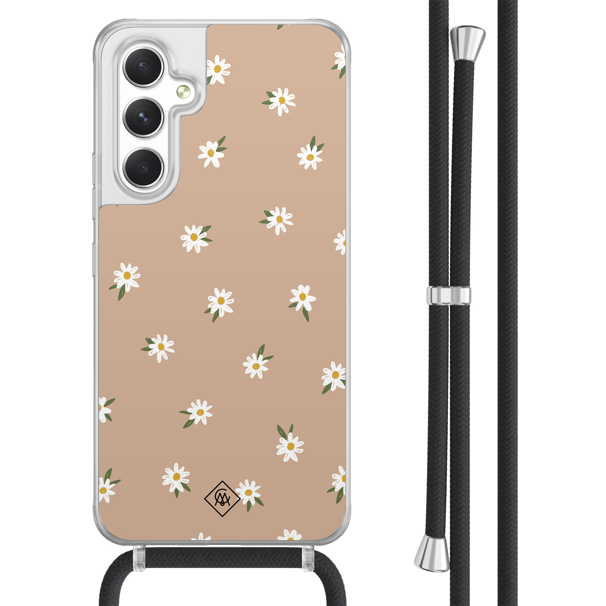 Casimoda® - Samsung A54 hoesje met koord - Sweet daisies - Afneembaar koord - TPU/acryl - Bruin/beige