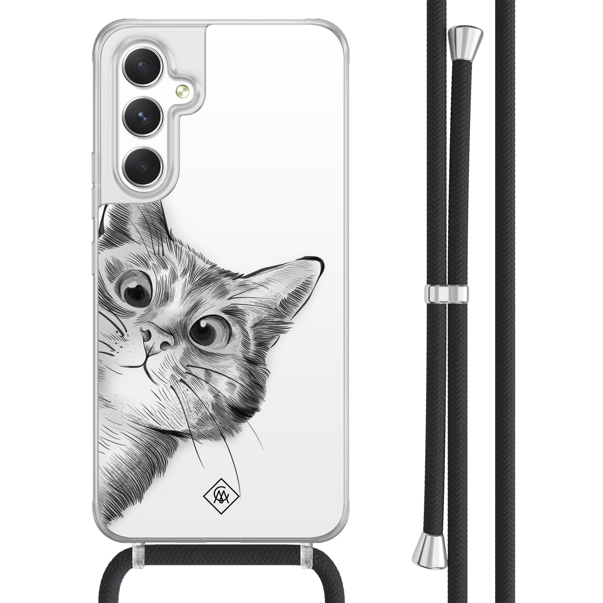 Casimoda® - Samsung A54 hoesje met koord - Peekaboo kat - Afneembaar koord - TPU/acryl - Wit