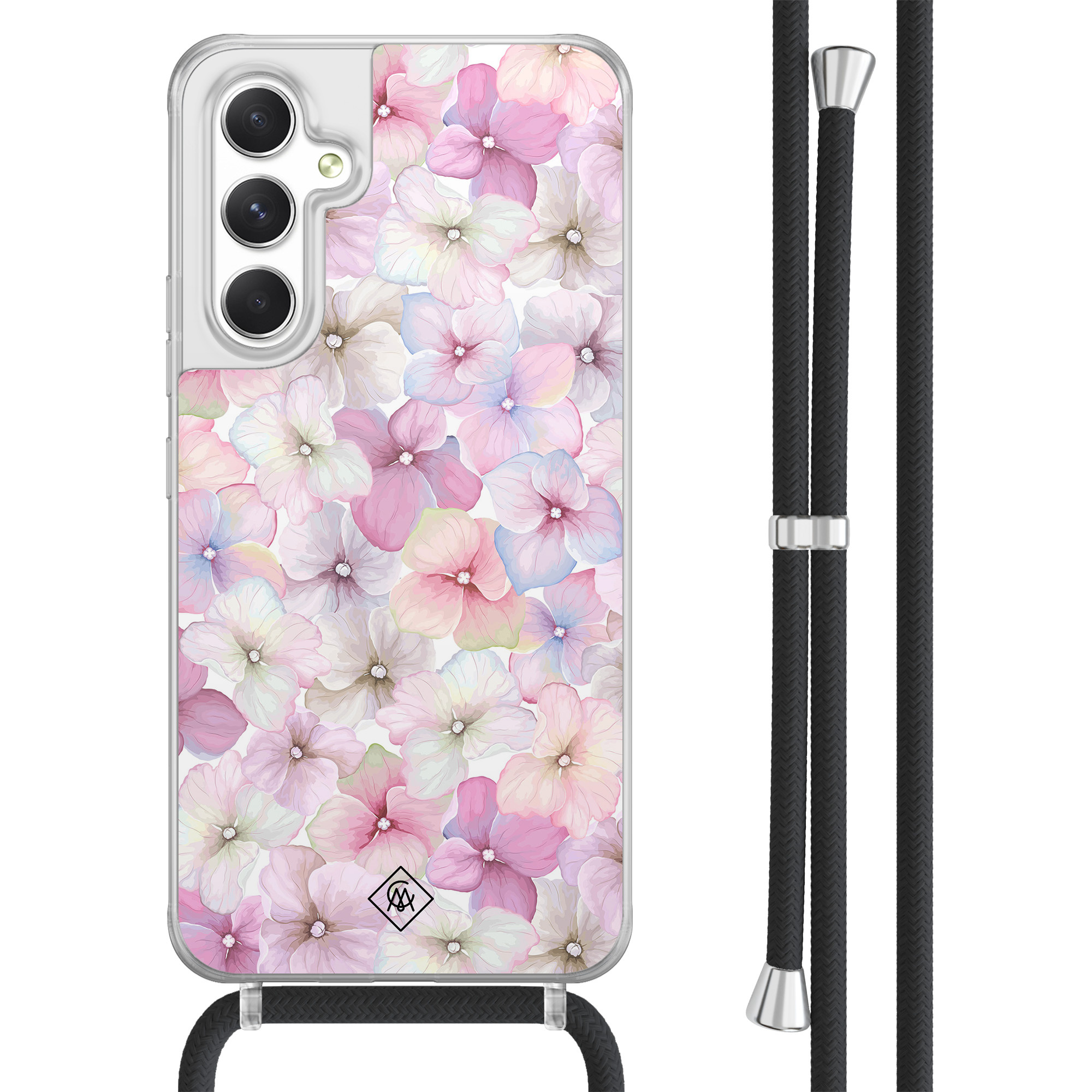 Casimoda® - Samsung A54 hoesje met koord - Floral hortensia - Afneembaar koord - TPU/acryl - Paars