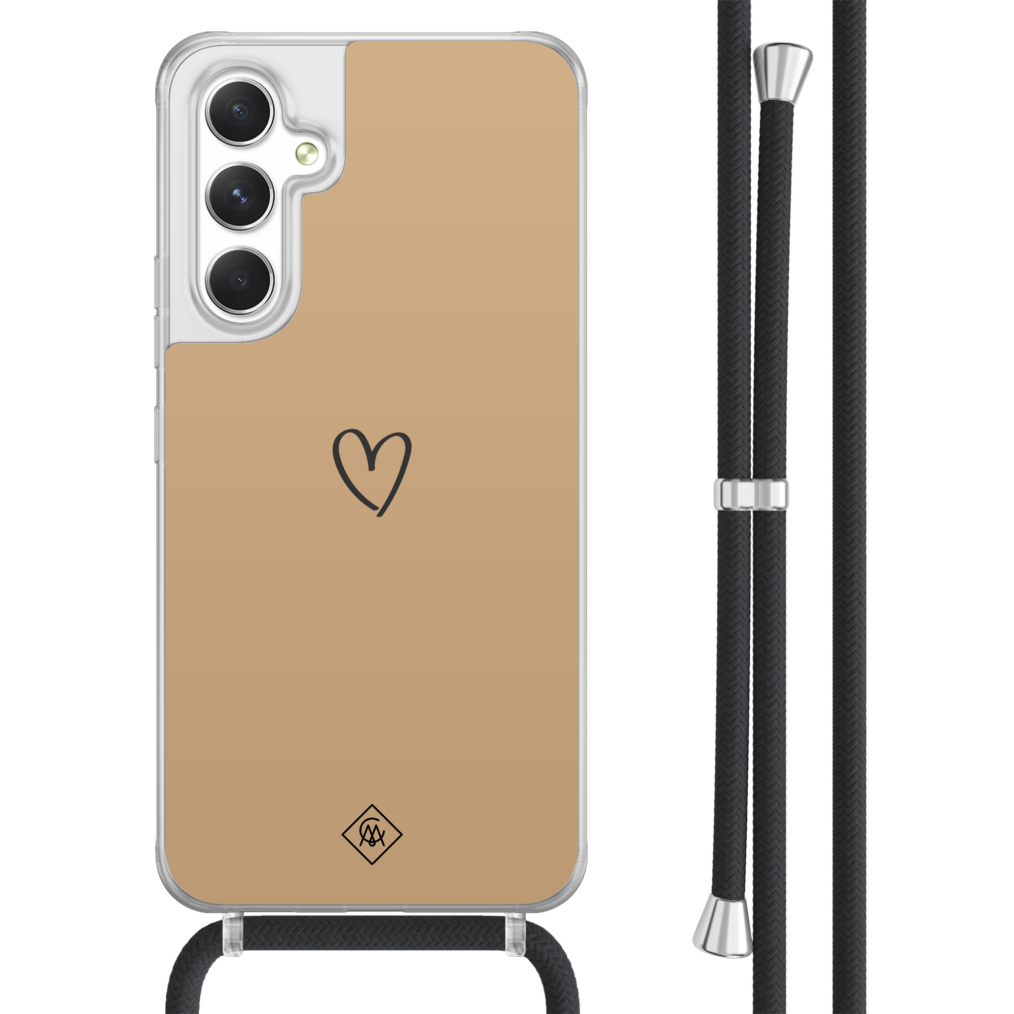 Casimoda® - Samsung A54 hoesje met koord - Hart bruin - Afneembaar koord - TPU/acryl - Bruin/beige