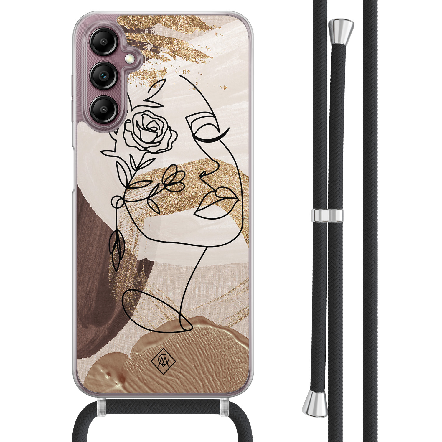 Samsung Galaxy A14 hoesje met koord - Abstract gezicht bruin