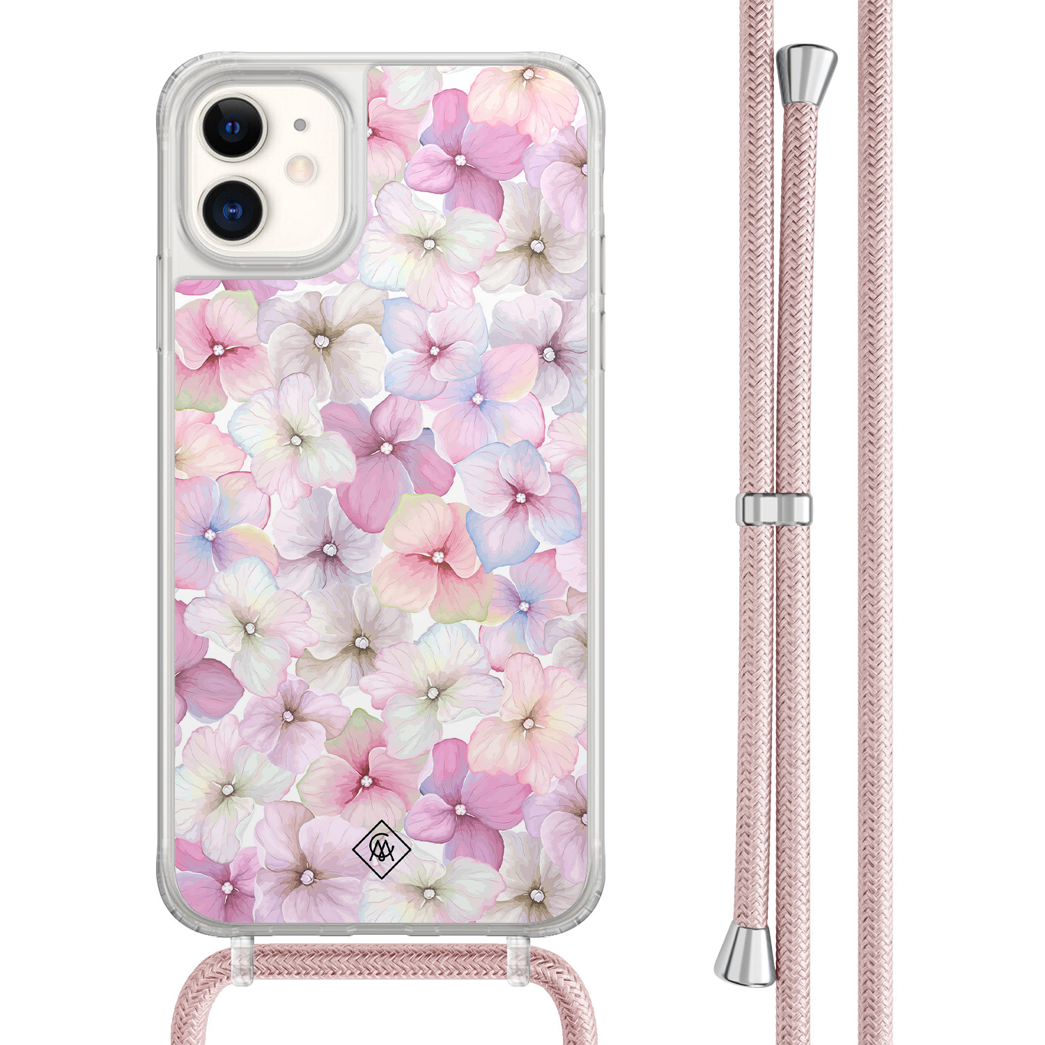 Casimoda® - iPhone 11 hoesje met rosegoud koord - Floral hortensia - Afneembaar koord - TPU/acryl