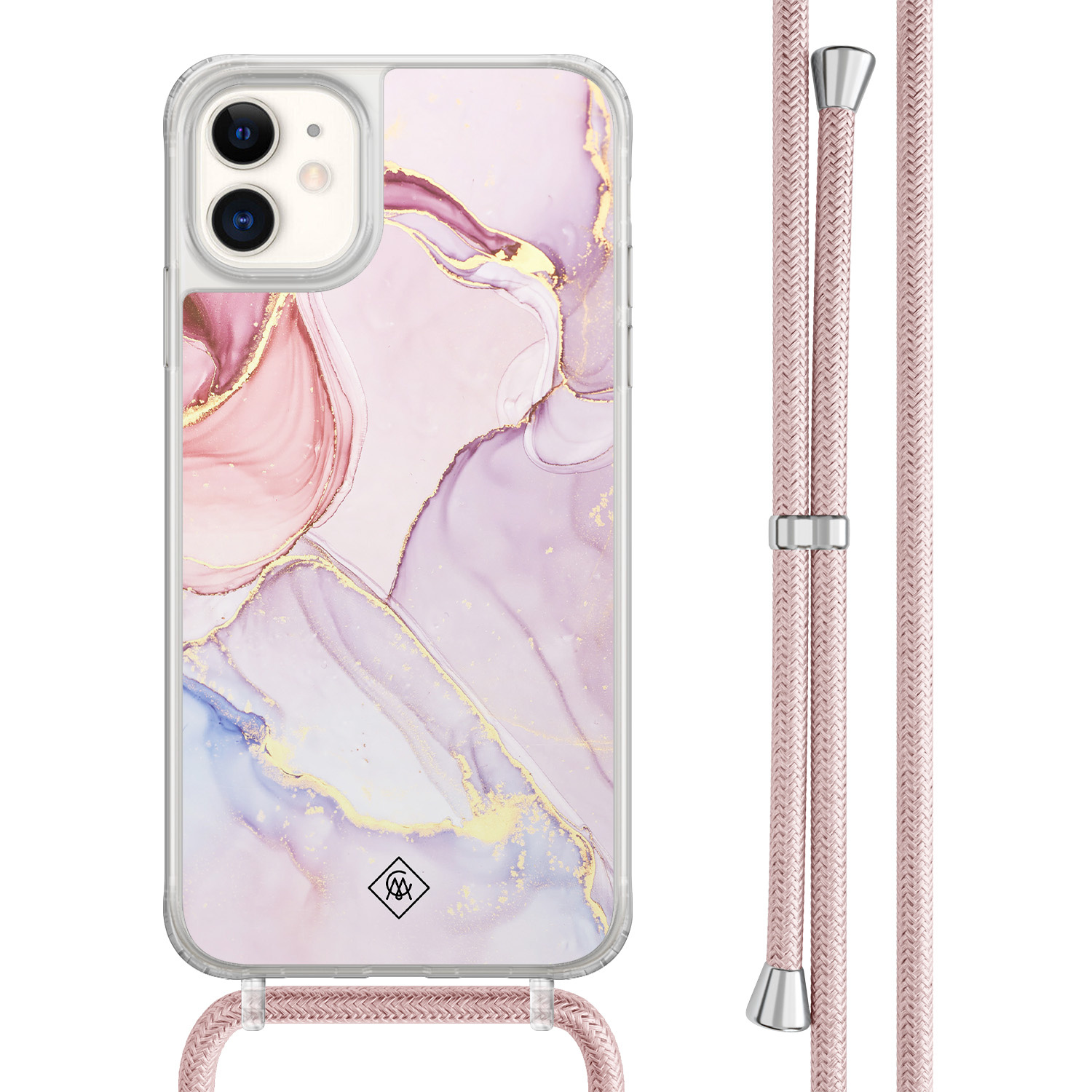 Casimoda® - iPhone 11 hoesje met rosegoud koord - Marmer roze paars - Afneembaar koord - TPU/acryl