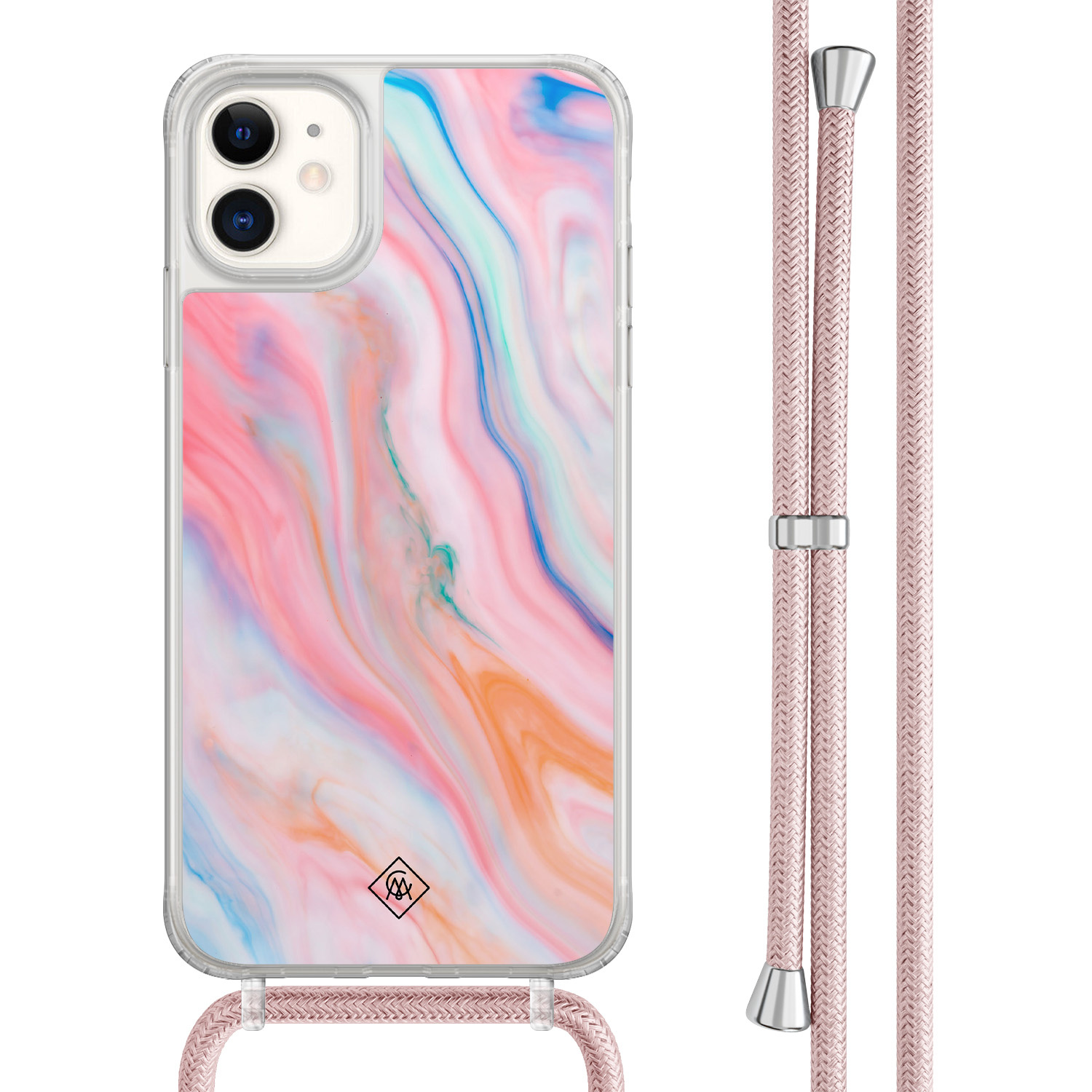 Casimoda® - iPhone 11 hoesje met rosegoud koord - Pink glam - Afneembaar koord - TPU/acryl
