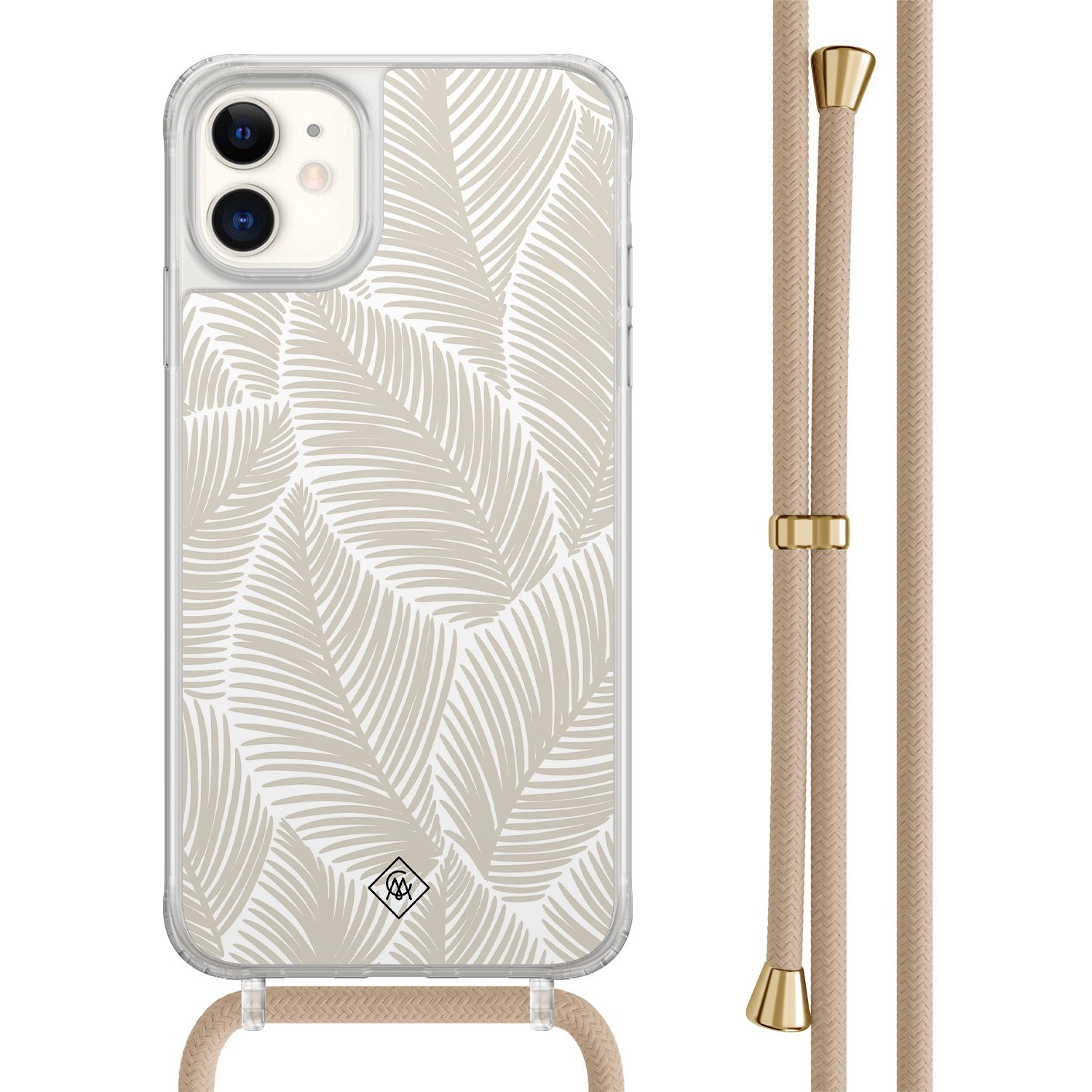 Casimoda® - iPhone 11 hoesje met beige koord - Palm leaves beige - Afneembaar koord - TPU/acryl