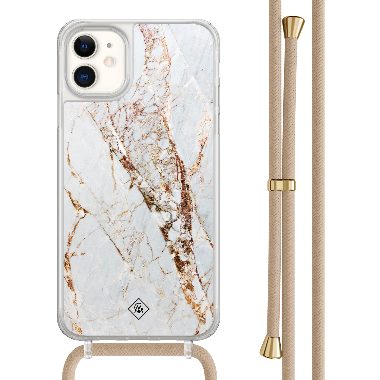 iPhone 11 hoesje met beige koord Marmer goud
