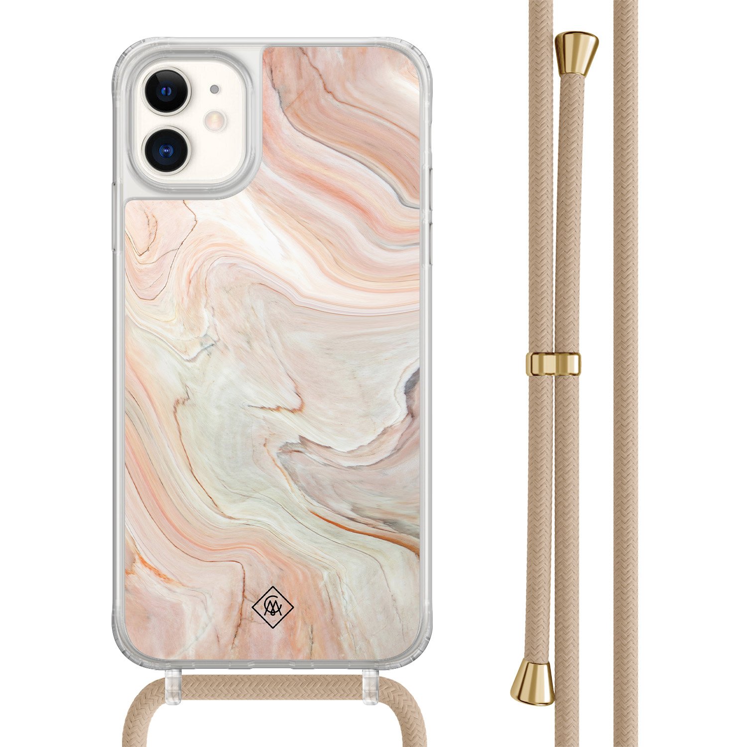 Casimoda® - iPhone 11 hoesje met beige koord - Marmer waves - Afneembaar koord - TPU/acryl