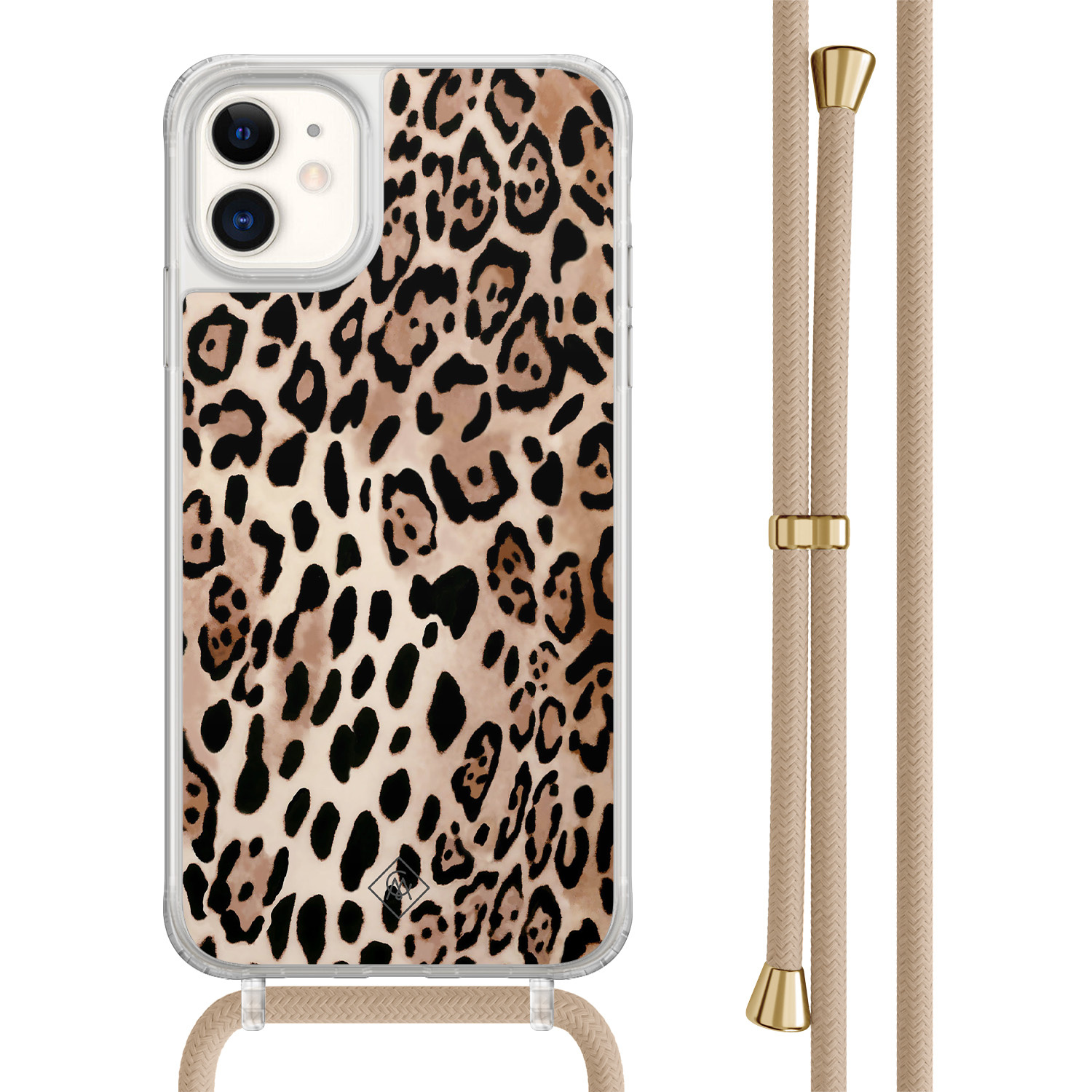 Casimoda® - iPhone 11 hoesje met beige koord - Luipaard print bruin - Afneembaar koord - TPU/acryl