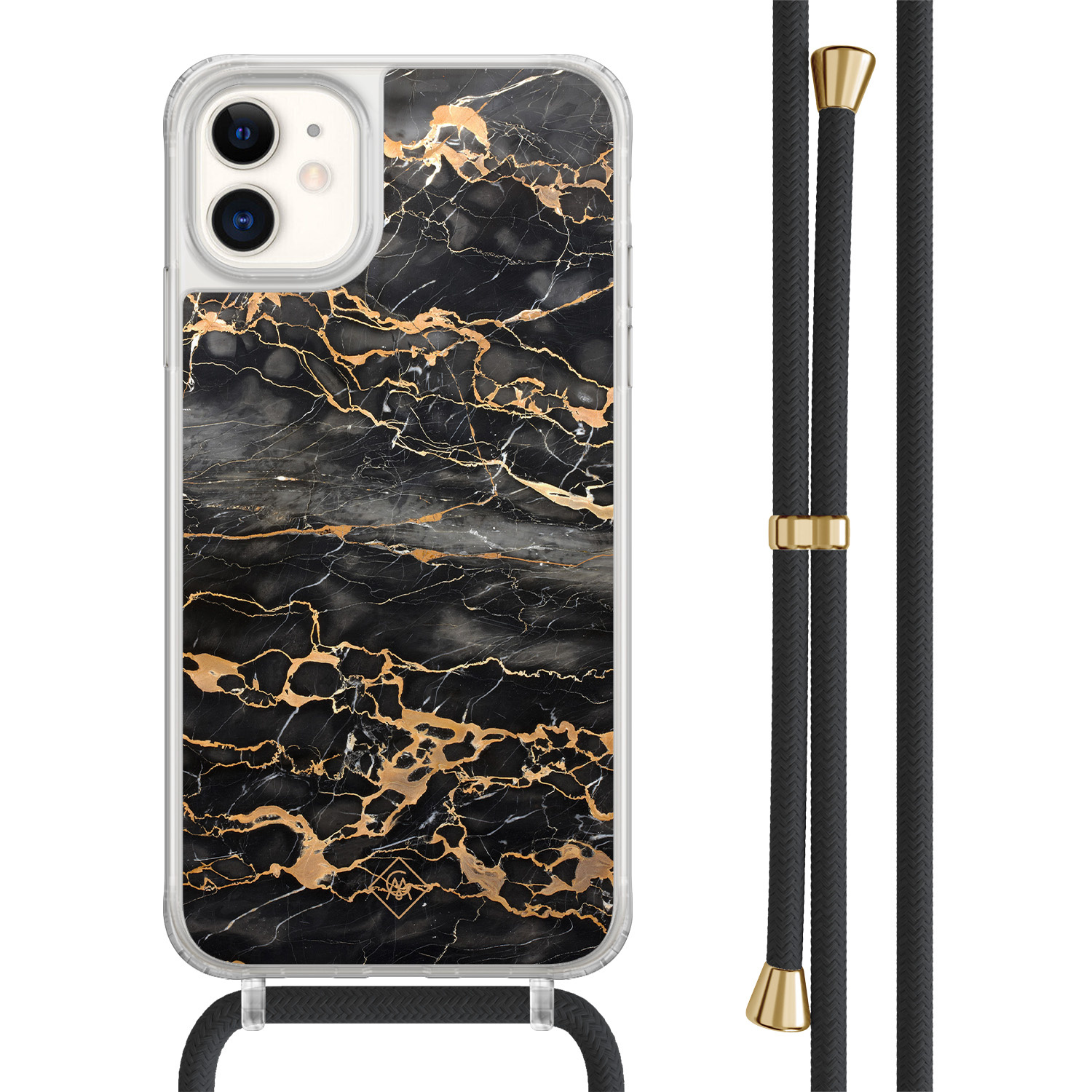 Casimoda® - iPhone 11 hoesje met zwart koord - Marmer grijs brons - Afneembaar koord - TPU/acryl