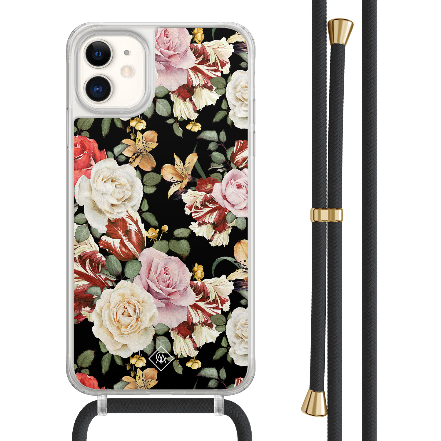 Casimoda® - iPhone 11 hoesje met zwart koord - Bloemen flowerpower - Afneembaar koord - TPU/acryl